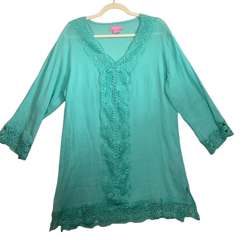 Isaac Mizrahi Boho Daisy Swim Coverup Turquoise Tunic Crochet Lace Trim Women M